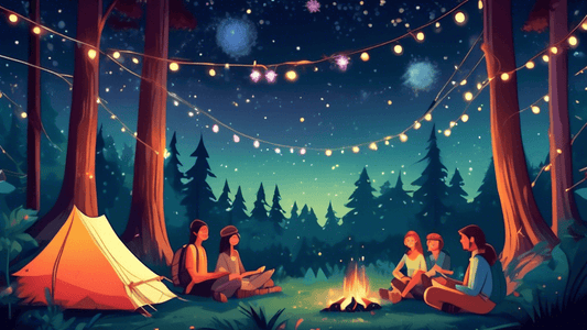 An enchanting summer night camping scene in a forest, featuring a group of friends gathered around a glowing campfire, with tents pitched in the background, cozy sleeping bags, twinkling fairy lights 