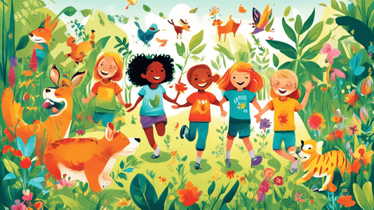 A whimsical illustration of children joyfully playing in a lush, vibrant garden, wearing colorful organic and vegan t-shirts, surrounded by friendly animals and plants, showcasing the eco-friendly and