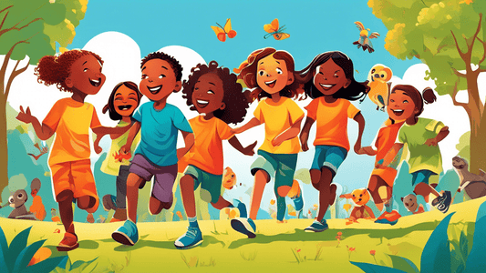 An illustration of a joyful group of diverse children playing in a sunny park, each wearing colorful organic and vegan t-shirts, surrounded by nature and wildlife, with a clear blue sky in the backgro
