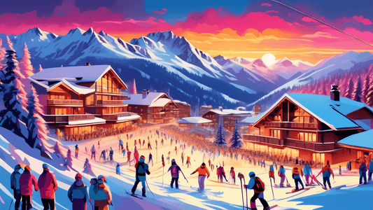 Spectacular sunset view over a bustling ski resort with skiers and snowboarders descending pristine, powdery slopes, traditional wooden chalets nestled in the snowy mountains, and a vibrant après-ski 