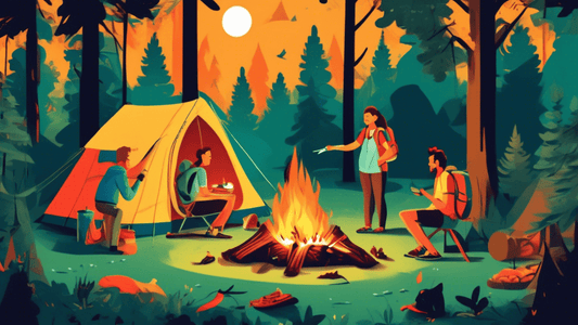 An illustrated guide highlighting common mistakes people make while camping, featuring humorous scenes of a family trying to set up a tent at night, cooking over an open fire too close to the tent, an