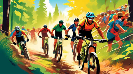 An exhilarating mountain bike race scene with diverse bikers energetically maneuvering through a lush, forested trail, showing determination and speed, with a cheering crowd in the background and a br