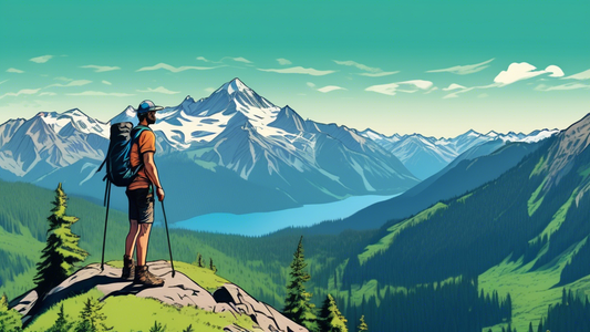 Panoramic view of a hiker standing at the summit with lush green forests and majestic mountains in the background on the Wonderland Trail, Washington, under a clear blue sky.