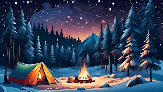 An idyllic winter camping scene at night, featuring a cozy tent illuminated from within, surrounded by gently falling snow in a pine forest. A small campfire crackles outside the tent, with a couple o