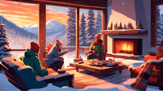 Cozy mountain cabin interior with people in winter attire relaxing by a roaring fireplace, sipping hot chocolate, with snow-covered pine trees visible through large picture windows as the sun sets ove