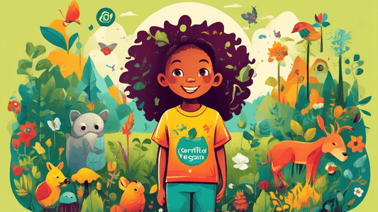 A whimsical illustration of a child wearing a bright, colorful t-shirt with a 'Certified Organic and Vegan' label, surrounded by nature, animals, and symbols of eco-friendliness and sustainability, li