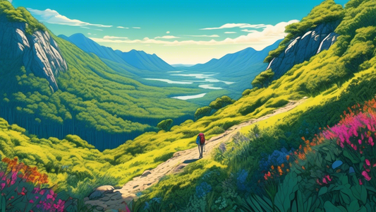 Stunning aerial view of a hiker on the Bibbulmun Track, surrounded by lush green forests and wildflowers, with distant mountains under a bright blue sky.