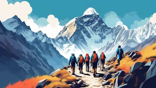 An illustrated digital artwork capturing a group of diverse hikers equipped with trekking gear, walking along a winding trail towards Everest Base Camp in Nepal, surrounded by majestic mountain landsc