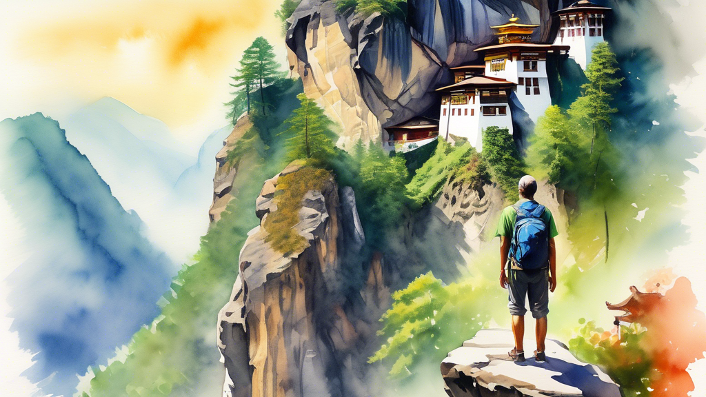 An ethereal painting of a solo hiker peering at the majestic Tiger's Nest Monastery perched on a cliff surrounded by lush green mountains and a cascade of mist, imbuing a sense of spiritual awakening 