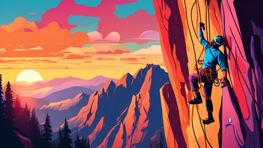 An expert climber demonstrating various belay techniques on a scenic mountain at sunset, showcasing different climbing gear and safety mechanisms.