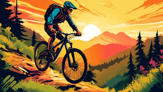 An adventurous mountain biker in action on a scenic, rugged mountain trail surrounded by lush forests and stunning mountain views at sunset, showcasing a blend of exhilaration and breathtaking nature.
