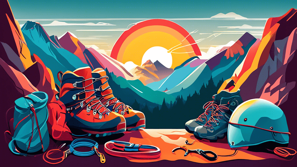 An illustration of a vibrant sunrise over a tranquil mountain landscape, with an array of essential climbing gear neatly arranged in the foreground, including a helmet, harness, carabiners, rope, and 
