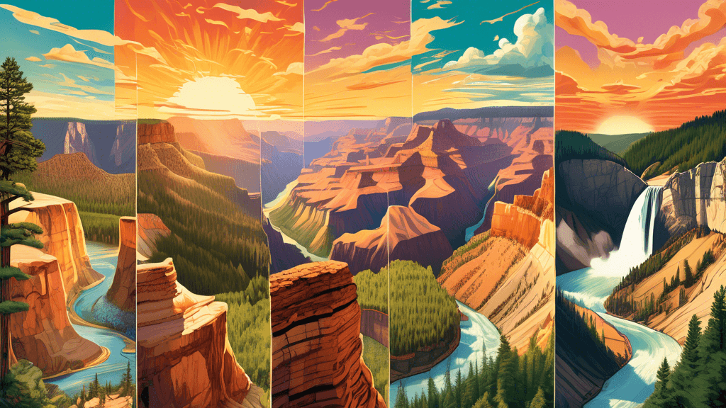 A panoramic collage of diverse landscapes from top U.S. National Parks, featuring the Grand Canyon at sunset, Yellowstone's geysers erupting, Yosemite's Half Dome bathed in golden light, and the lush 