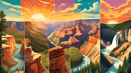 A panoramic collage of diverse landscapes from top U.S. National Parks, featuring the Grand Canyon at sunset, Yellowstone's geysers erupting, Yosemite's Half Dome bathed in golden light, and the lush 