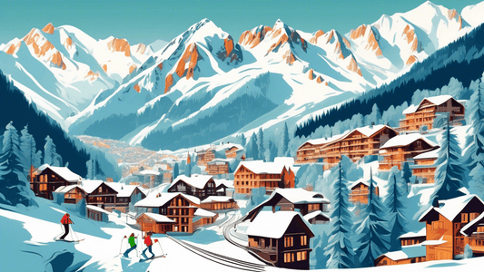 An idyllic winter landscape depicting two contrasting ski resorts: on one side, Aspen with its luxurious lodges and stylish skiers; on the other, Chamonix surrounded by dramatic alpine peaks and avid 