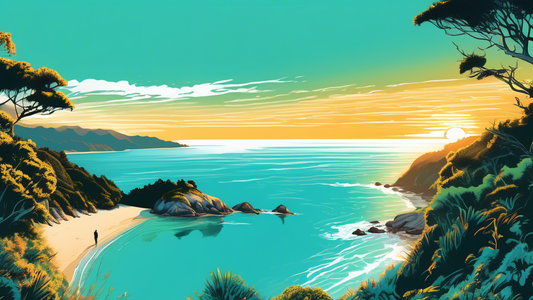 Digital artwork depicting a vibrant sunrise over the Abel Tasman Coast Track, with hikers observing the scenic view of clear turquoise waters, golden sandy beaches, and lush greenery in New Zealand.