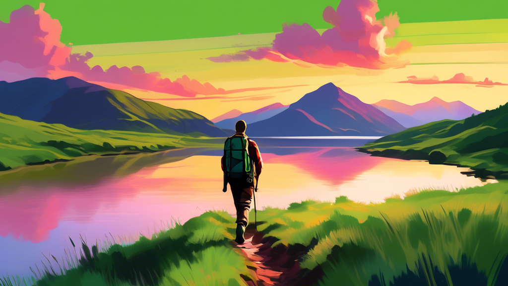 Digital painting of a hiker with a backpack walking on the West Highland Way, Scotland, showcasing lush green landscapes, distant mountains, and a serene lake under a vibrant sunset sky.