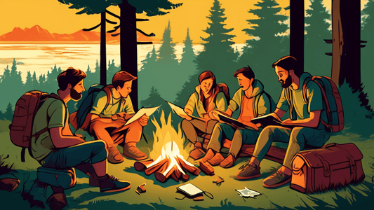 Create an image of a small group of friends gathered around a campfire in a lush, green forest at sunset, hastily setting up tents and unfolding a map on a wooden picnic table, with backpacks and camp