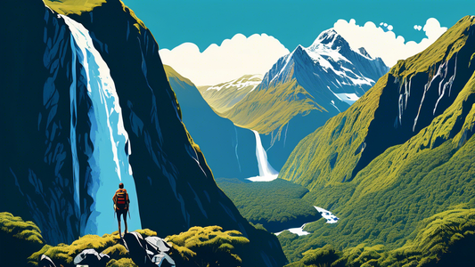 Stunning digital artwork of a hiker overlooking the majestic Sutherland Falls on the Milford Track in New Zealand, surrounded by lush greenery and rugged mountain landscapes under a clear blue sky.
