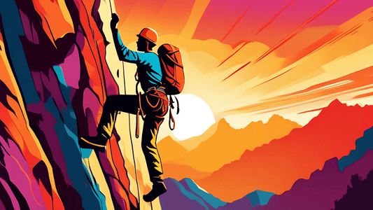 A dynamic image of a person with a broad smile, wearing colorful gear, scaling a towering, rugged cliff with a breathtaking sunset as the backdrop, visually capturing the thrill and adventure of rock 