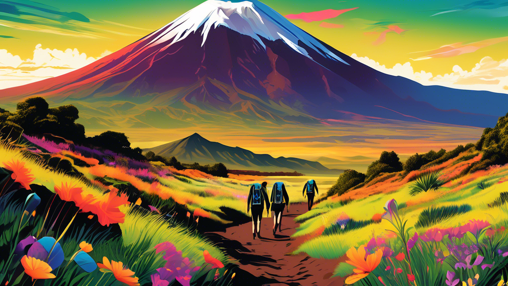 Digital artwork of hikers on the Tongariro Alpine Crossing, showcasing Mount Ngauruhoe in the background during a vibrant sunrise, with lush green landscapes and scattered wildflowers in the foregroun