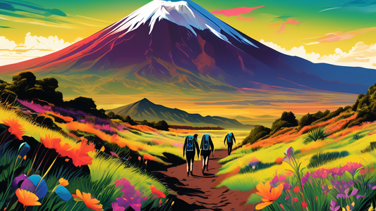 Digital artwork of hikers on the Tongariro Alpine Crossing, showcasing Mount Ngauruhoe in the background during a vibrant sunrise, with lush green landscapes and scattered wildflowers in the foregroun