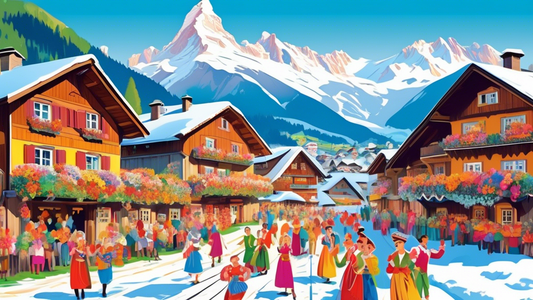 An enchanting scene of a traditional Swiss village with wooden chalets adorned with vibrant flowers, set against the backdrop of majestic snow-capped Alps, as locals in colorful folk costumes enjoy a 