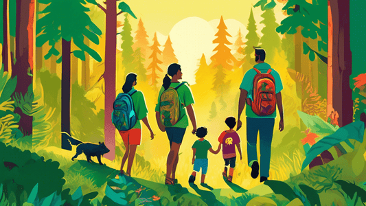 Digital artwork of a family hiking in a lush green forest, wearing vibrant animal-inspired shirts featuring prints of bears, wolves, and eagles, with a backdrop of a sunlit wooded landscape.