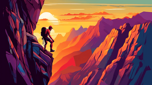 An adventurous climber scaling a rugged cliff face with traditional gear at sunset, surrounded by a breathtaking mountain landscape.