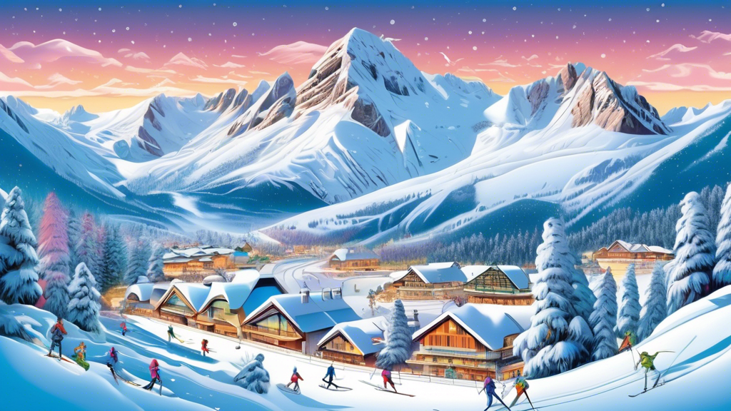 An enchanting winter scene showcasing the top skiing destinations in Australia, featuring snowy mountain peaks, skiers gliding down well-groomed trails, and cozy alpine lodges nestled at the base of t