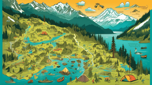 An illustrated map of Olympic National Park featuring vibrant landscapes and iconic activities: hiking, camping and wildlife watching, drawn in a colorful, engaging style.