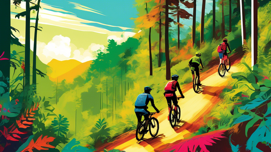An exhilarating digital artwork of mountain bikers navigating a narrow, winding single track trail through a lush, dense forest under a bright, sunny sky.