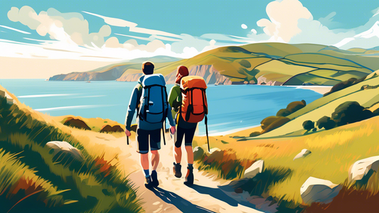 Digital painting of a couple wearing hiking gear and backpacks, exploring a picturesque trail on the Coast to Coast Walk in England, showcasing diverse landscapes including rolling hills, small quaint