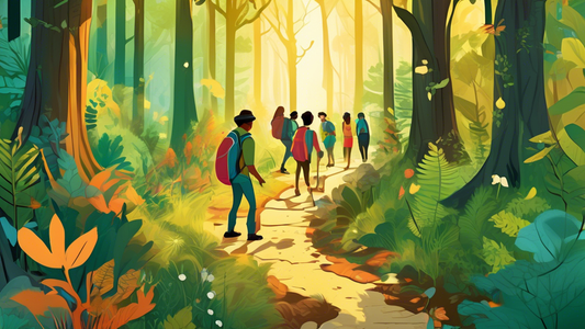 An enchanted forest pathway lit by golden sunlight, with a diverse group of people of different ages and ethnicities hiking and examining flora and fauna with magnifying glasses and binoculars, amidst