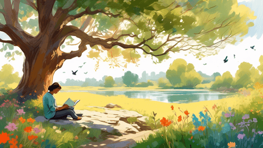 Serene landscape with a person sitting under a large oak tree, sketching in a notebook, surrounded by lush greenery, colorful wildflowers, and a gentle stream, with birds in the background and soft af