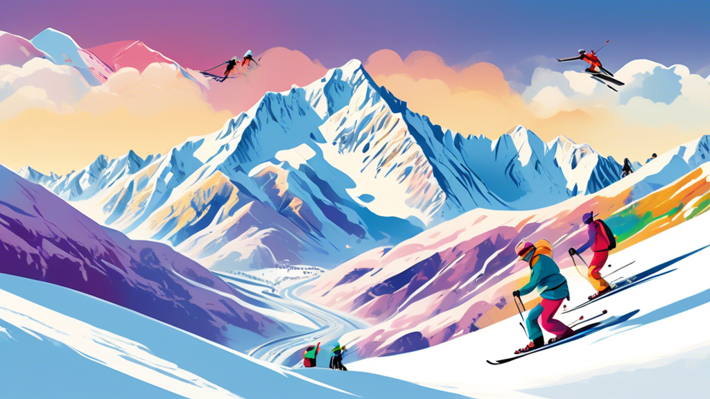 An illustrated panoramic view of skiers gracefully descending snowy slopes with majestic mountains in the background, set in the picturesque landscapes of New Zealand, with informative banners display