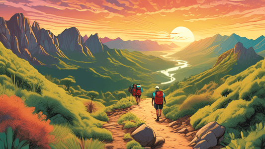 An enchanting, panoramic view of a diverse range of world trails winding through various landscapes, featuring a lush, green forest trail, a stark, rocky mountain pass, an arid desert path, and a vibr