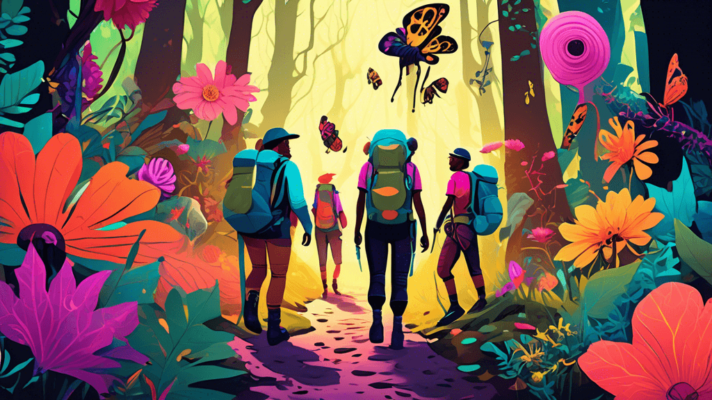 Digital artwork of a group of diverse hikers with creative, brightly colored gear exploring a fantastical forest path with oversized flowers and glowing insects.