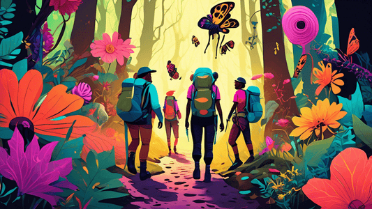 Digital artwork of a group of diverse hikers with creative, brightly colored gear exploring a fantastical forest path with oversized flowers and glowing insects.