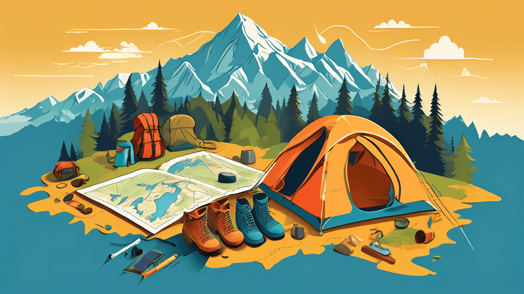 An illustrated map covered with essential backpacking gear such as a tent, hiking boots, backpack, compass, and a scenic trail marked through mountains and forests under a clear blue sky.