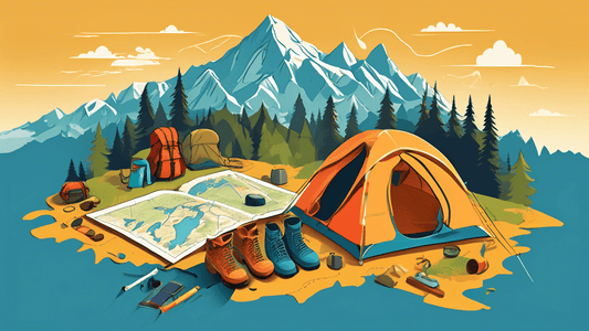 An illustrated map covered with essential backpacking gear such as a tent, hiking boots, backpack, compass, and a scenic trail marked through mountains and forests under a clear blue sky.