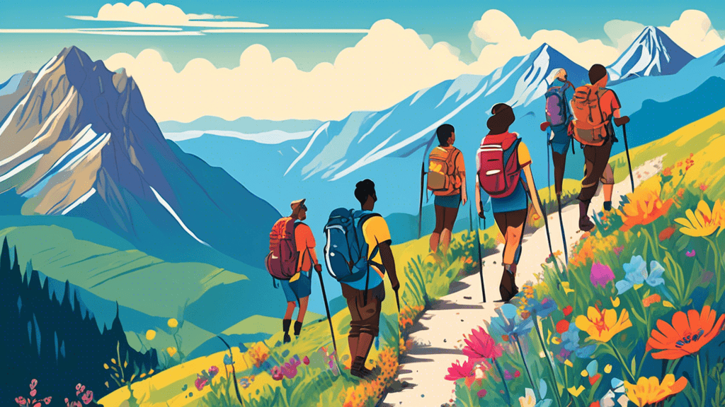 An illustrated guidebook cover featuring a diverse group of hikers with backpacks standing at the beginning of a scenic mountain trail, dotted with colorful wildflowers and signposts showing various h