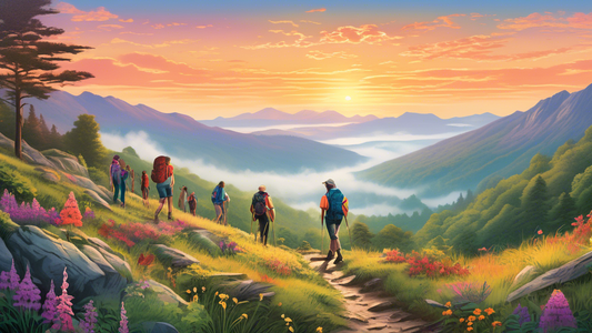 A breathtaking panoramic view of a sunrise over the Appalachian Trail, showcasing diverse hikers of different ages and backgrounds enjoying the lush, vibrant scenery, with mist rolling over distant mo