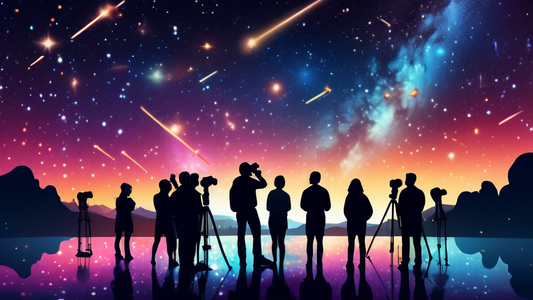 A stunning panorama of a dark, clear night sky filled with glittering stars, vibrant constellations, and a luminous Milky Way, with a group of people silhouetted against the backdrop, looking through 