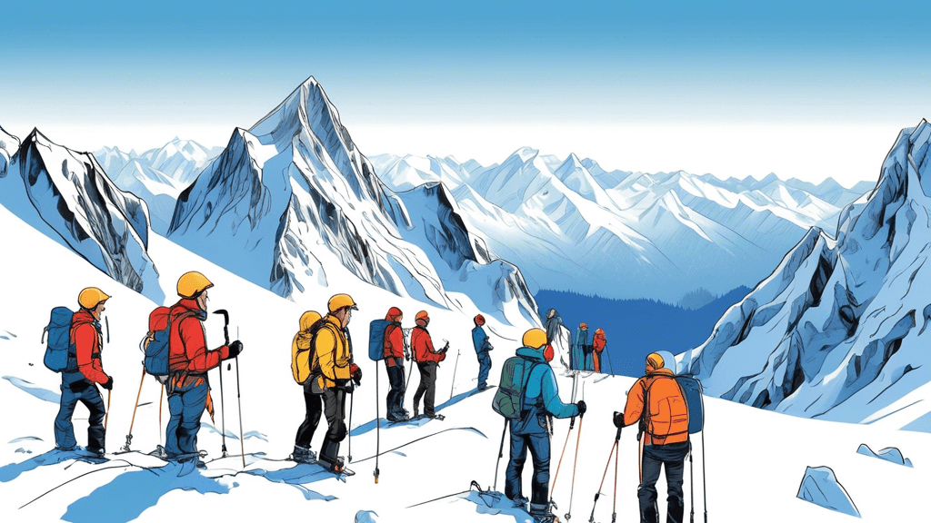 An illustration of a group of mountaineers attending an avalanche safety training course on a snowy mountain slope, with an instructor demonstrating the use of avalanche transceivers and probes, surro