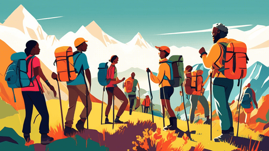 An illustrated digital artwork showing a diverse group of hikers of various ages and backgrounds, enthusiastically packing essential hiking gear into their backpacks amidst a scenic mountainous backdr