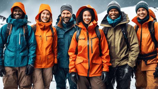 Create a vibrant and detailed image of a group of diverse people (men and women of different ethnicities), each dressed in various types of outdoor clothing suited for different environments: one in a