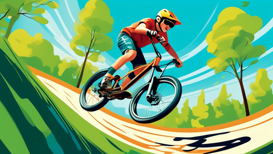 An energetic young cyclist with a helmet, performing an impressive jump on a smoothly curved pump track in a scenic outdoor park, surrounded by green trees under a bright blue sky.