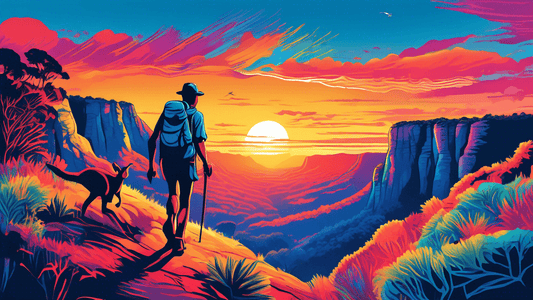 Create an image of a person hiking in the breathtaking Blue Mountains during a vibrant sunset, with kangaroos visible in the background and an aerial view of the Great Barrier Reef visible in the dist