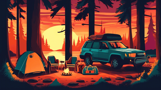 An inviting scene of a car camping setup in a lush forest at sunset, with an open trunk displaying neatly organized essential camping gear including a sleeping bag, portable stove, cooler, and lantern